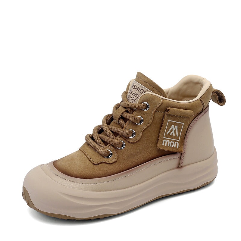 Trendige Damen-Sneaker aus Leder mit hohem Schaft, Plateau, Schn&uuml;rung, Freizeitschuhe in Beige/Khaki/Gr&uuml;n/Rot