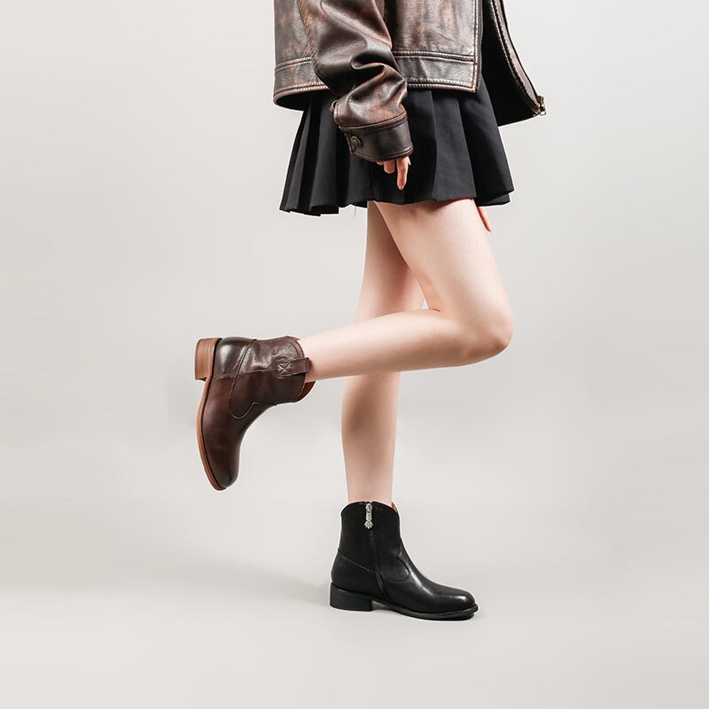 Bottes Martin en cuir, style western r&eacute;tro &agrave; semelle &eacute;paisse, coloris caf&eacute;/noir/jaune