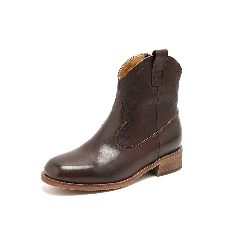 Bottes Martin en cuir, style western r&eacute;tro &agrave; semelle &eacute;paisse, coloris caf&eacute;/noir/jaune