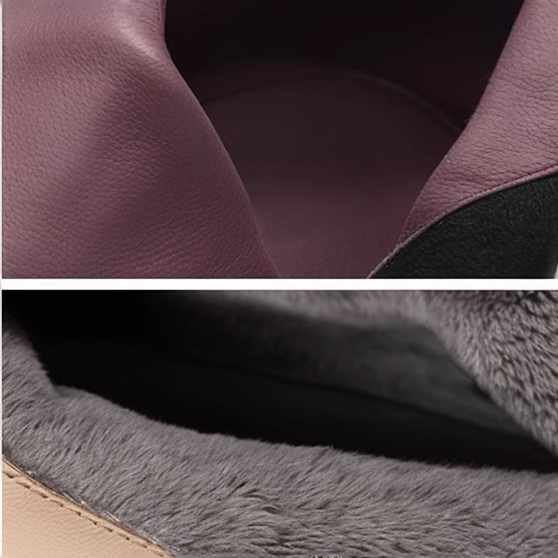 Handgemaakte leren winterlaarzen voor dames met ritssluiting aan de achterkant in zwart/geel/rood, op maat gemaakt in diverse kleuren.