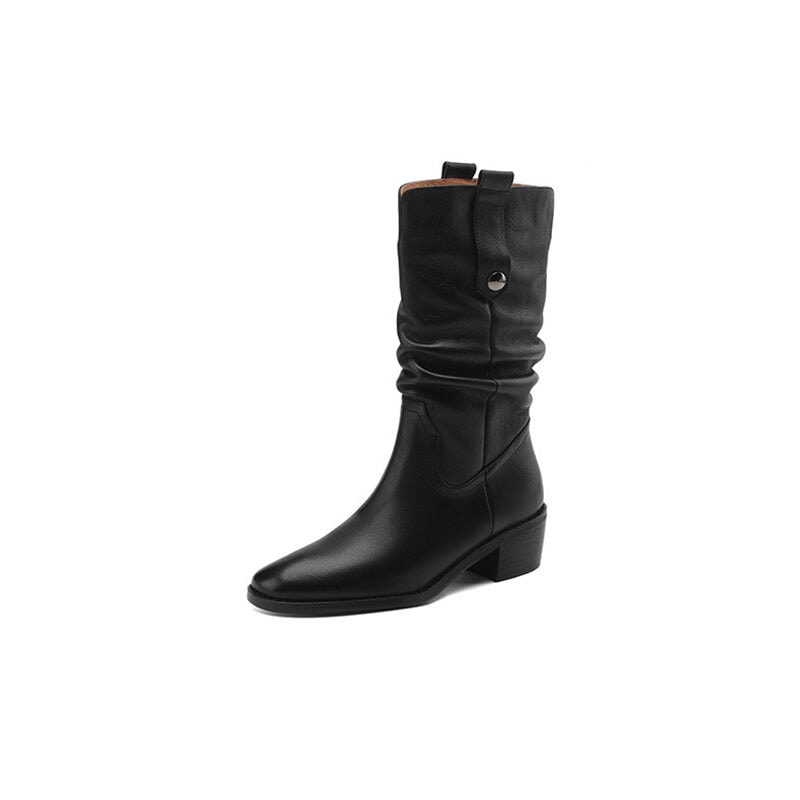 Bottes western mi-mollet en cuir marron/noir pour femme - Bout droit - Talon bloc de 50 mm