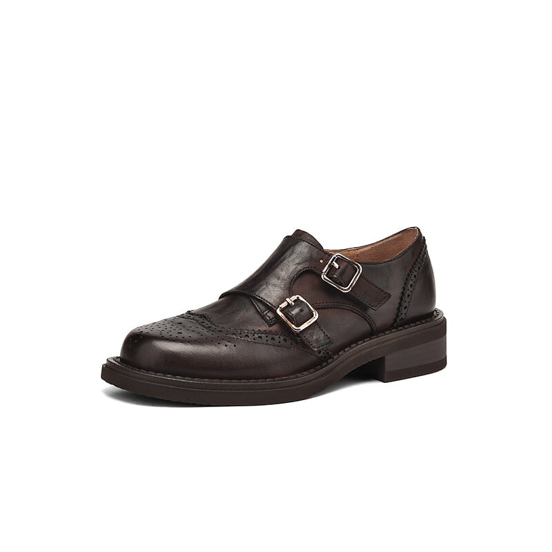 Handgefertigte Brogue-Loafer aus Leder mit doppeltem Riemen f&uuml;r Damen in Braun/Schwarz