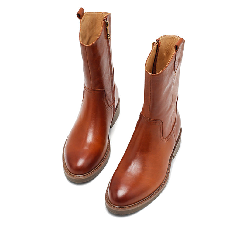 Retro westernlaarzen voor dames, tot halverwege de kuit, van gewaxt leer, casual laarzen in zwart/bruin/donkerbruin.
