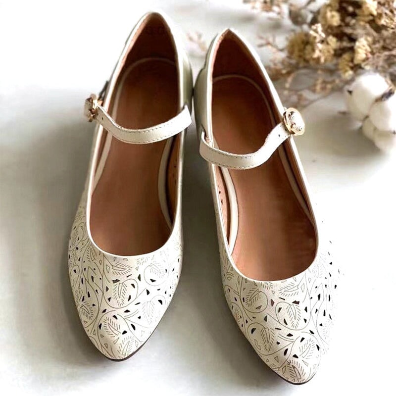 Zapatos Mary Jane de piel suave recortados a mano para mujer, tac&oacute;n c&oacute;nico en azul y blanco