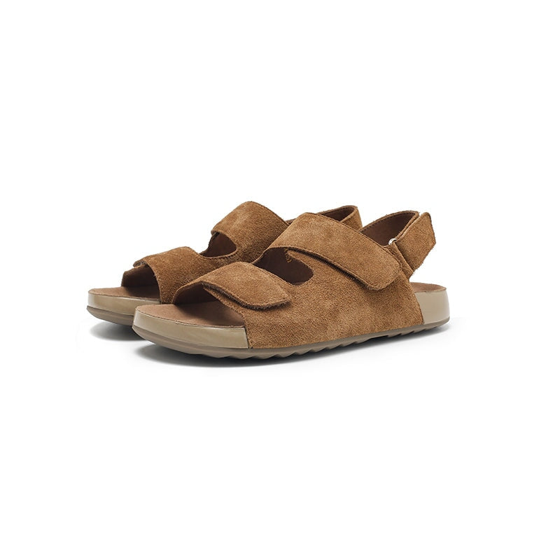 Damessandalen met dubbele klittenbandsluiting, slingback, voetbed van su&egrave;de en open tenen, verkrijgbaar in 5 kleuren.