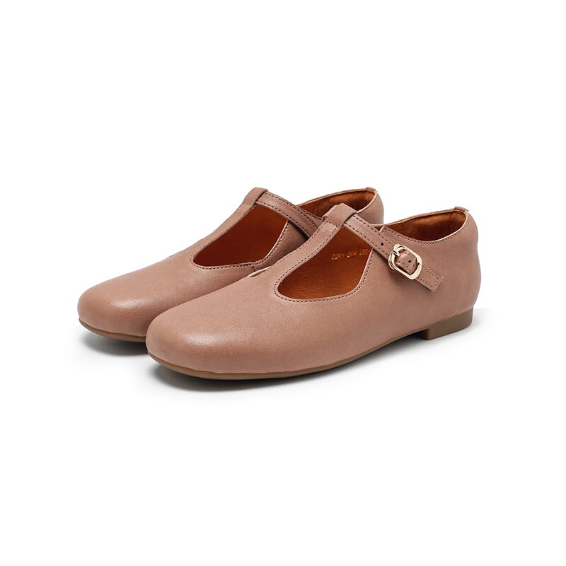 Weiche, pflanzlich gegerbte Mary-Jane-Ballerinas aus Lammleder mit T-Riemen in den Farben Cameo Braun/Kaffee/Rot/Schwarz