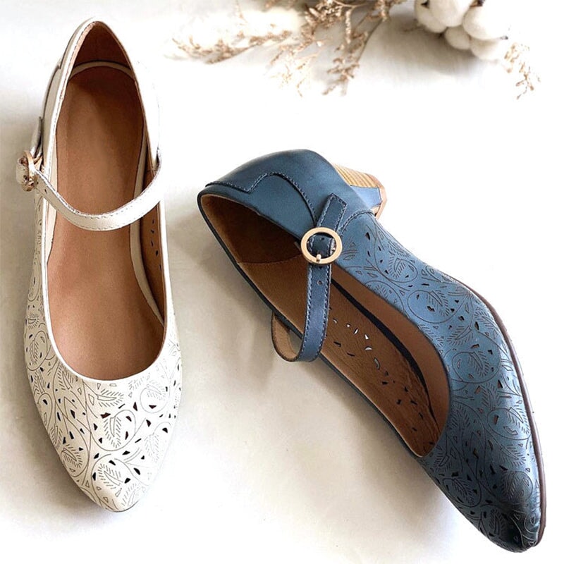 Zapatos Mary Jane de piel suave recortados a mano para mujer, tac&oacute;n c&oacute;nico en azul y blanco