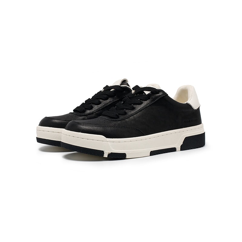 Colorblock lage leren sneakers met vetersluiting en ronde neus, casual sportieve schoenen in zwart/wit
