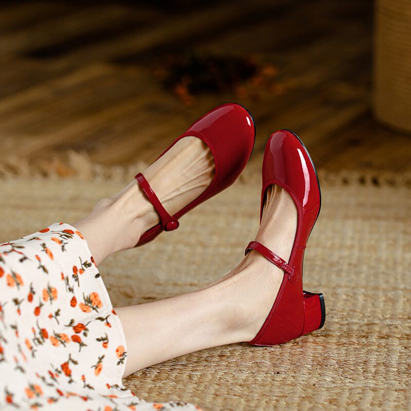 D&eacute;collet&eacute; Mary Jane fatte a mano in pelle con cinturino e tacco a blocco da 30 mm, colore rosso/nero