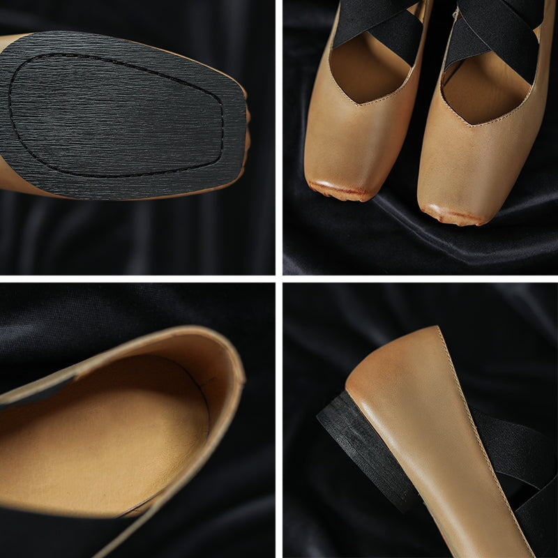 Elegante vintage ballerina's met vierkante neus en X-bandje, gemaakt van rundleer in de kleuren zwart, bruin en abrikoos.