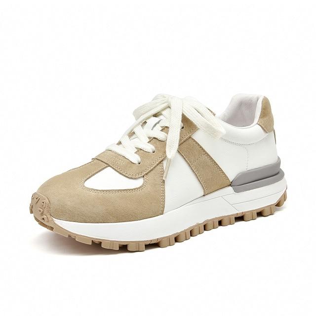 Casual sneakers voor dames van su&egrave;de leer met patchwork in gemengde kleuren, vetersluiting, ronde neus, platformzool, handgemaakte platte schoenen
