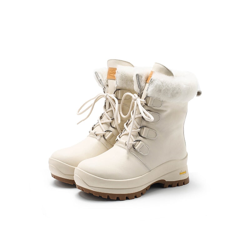 Dames leren chunky laarzen met schapenvachtvoering in abrikoos/beige