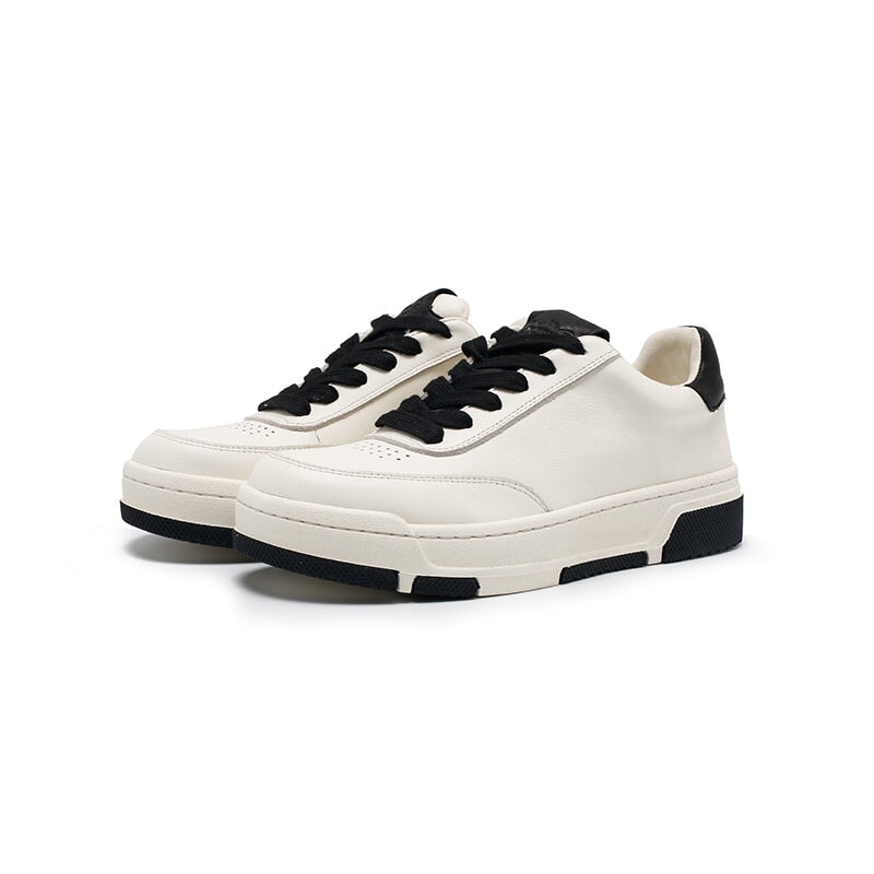 Colorblock lage leren sneakers met vetersluiting en ronde neus, casual sportieve schoenen in zwart/wit