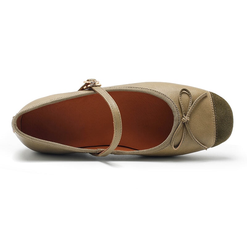 Zapatos planos Michaela Mary Jane de piel de oveja hechos a mano para mujer en color caqui, verde, albaricoque y negro.