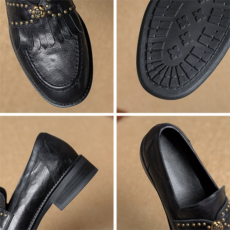 Mocasines retro de piel con tac&oacute;n Kiltie para mujer, punta redonda, en negro y beige