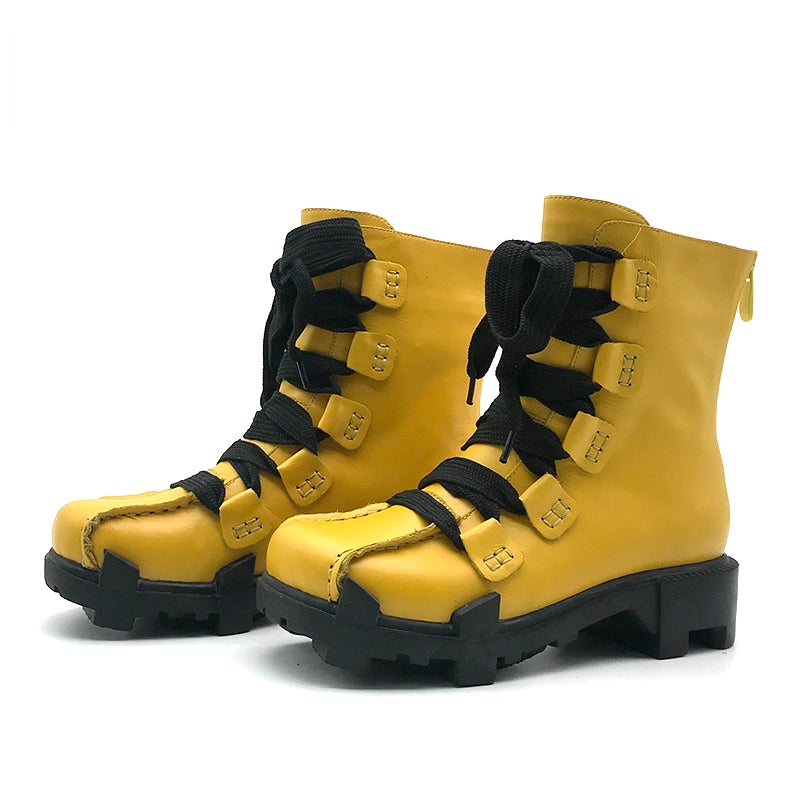 Handgemaakte leren winterlaarzen voor dames met ritssluiting aan de achterkant in zwart/geel/rood, op maat gemaakt in diverse kleuren.