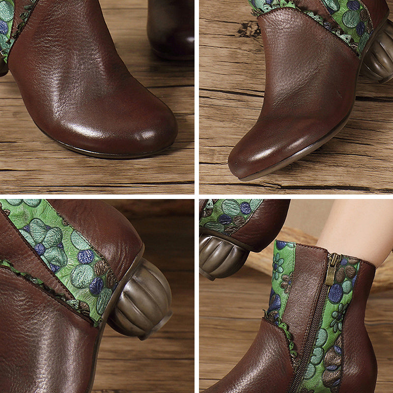 Vintage Cow Leather Ankle Boots for Women Floral Side Zip 50mm Heel Boots in Black/Coffee