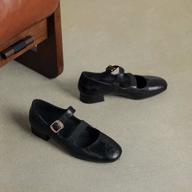 Elegante Mary-Jane-Schuhe mit niedrigem Blockabsatz und doppeltem Riemen aus echtem Leder in Schwarz/Beige