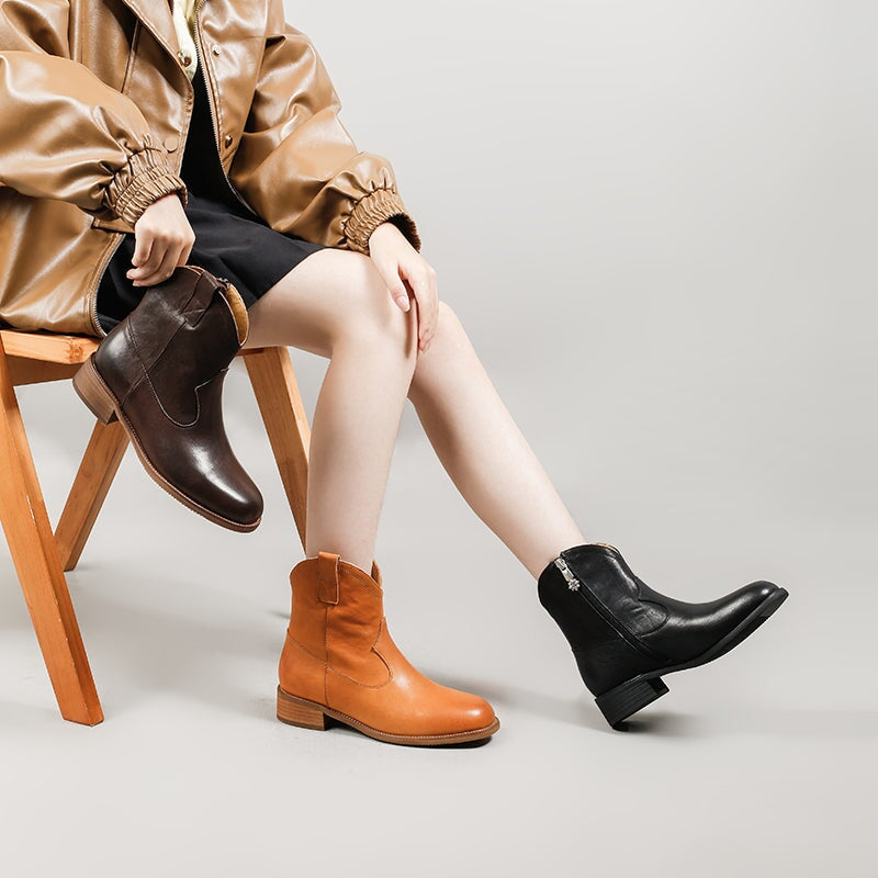 Bottes Martin en cuir, style western r&eacute;tro &agrave; semelle &eacute;paisse, coloris caf&eacute;/noir/jaune