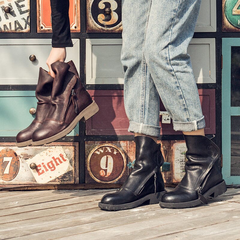 Leren laarzen met rits, retro rijlaarzen voor dames, robuuste enkellaarzen met gerimpelde look, zwart/koffiekleurig.