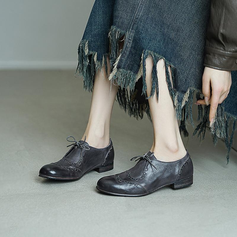 Britse stijl veterschoenen in brogue-stijl | Ronde neus, gewassen paardenleer, zwart/bruin/grijs