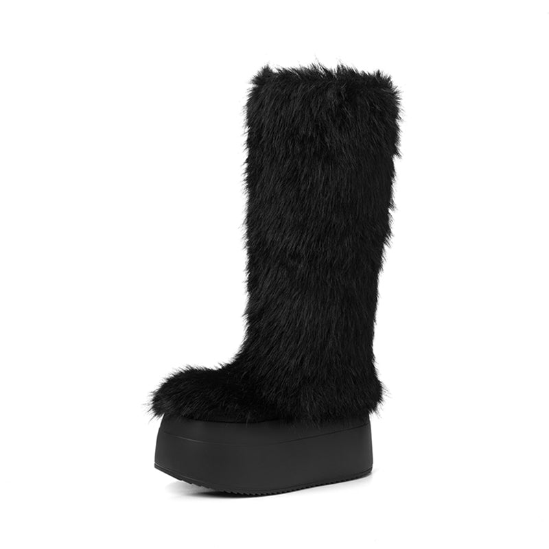 Harige kniehoge platform snowboots van imitatiebont (80 mm) in de kleuren koffie/grijs/zwart.