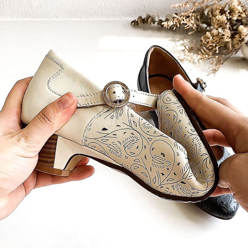 Zapatos Mary Jane de piel suave recortados a mano para mujer, tac&oacute;n c&oacute;nico en azul y blanco