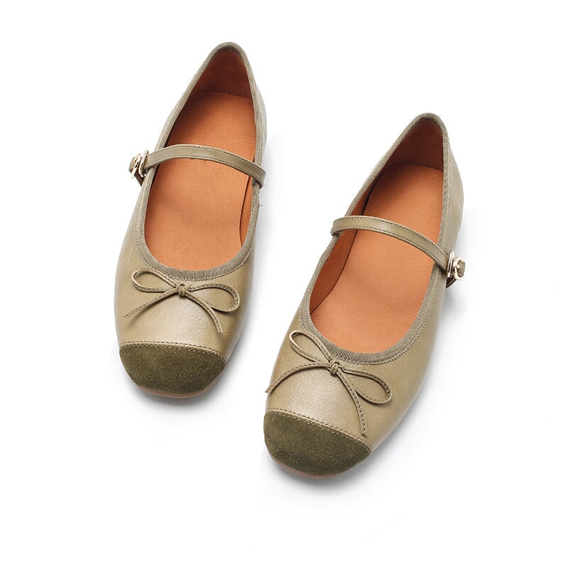 Zapatos planos Michaela Mary Jane de piel de oveja hechos a mano para mujer en color caqui, verde, albaricoque y negro.