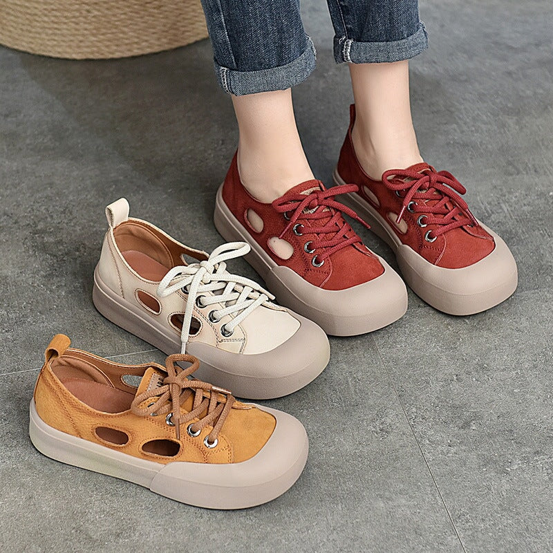 Leder-Sneaker f&uuml;r Damen, niedrig geschnitten, mit Schn&uuml;rung und Cut-Outs in Gelb/Rot/Beige