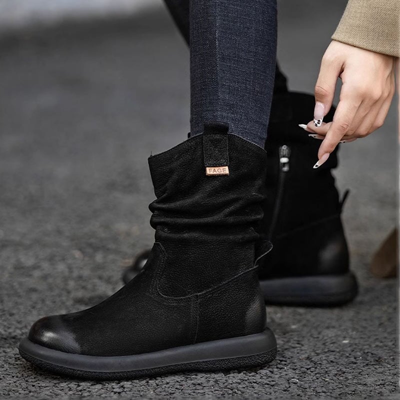 Bottes western mi-mollet en cuir marron/noir pour femme - Bout rond - Talon de 30 mm