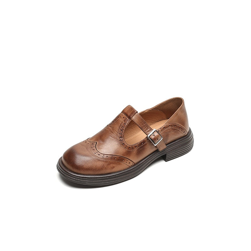 Preppy-Style Mary Jane Brogue-Schuhe mit T-Riemen aus Lammleder in Braun/Schwarz