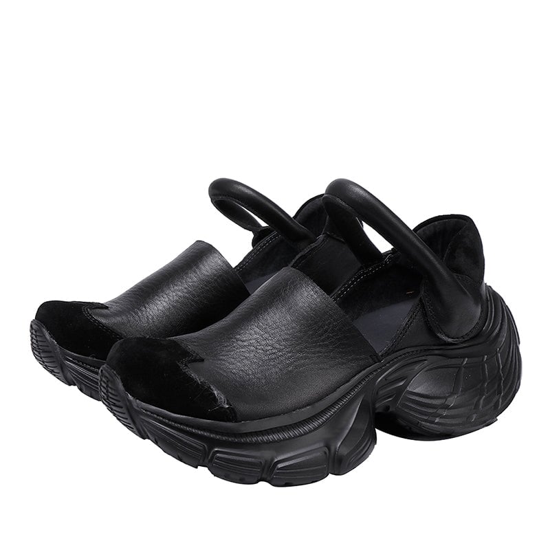 Klobige Mary-Jane-Schuhe aus Rindsleder mit Plateau und verstellbarem Klettverschluss in Schwarz/Hellbraun