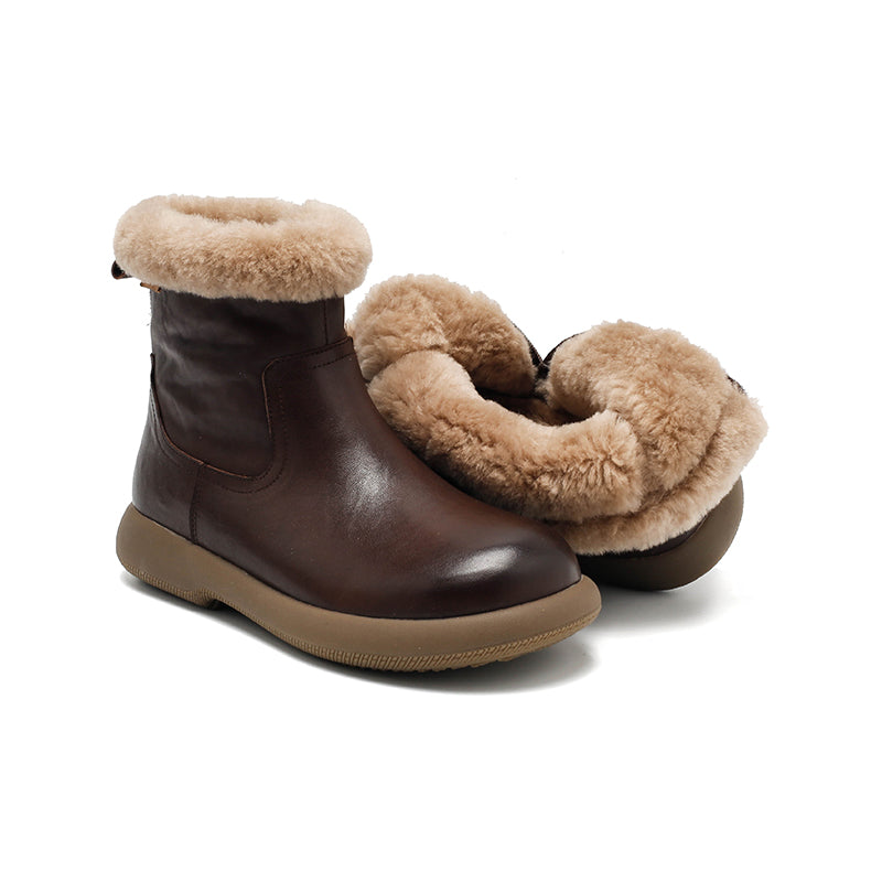 Dames winterlaarzen van leer met schapenvachtvoering, korte sneeuwlaarzen met ritssluiting aan de zijkant in koffiebruin/zwart/bruin