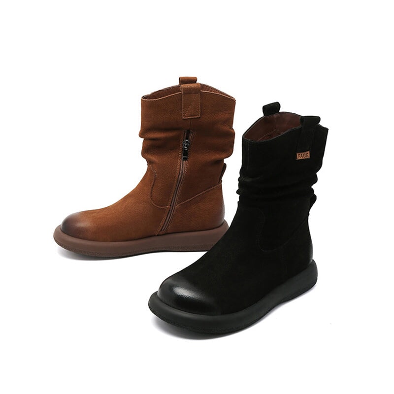 Bottes western mi-mollet en cuir marron/noir pour femme - Bout rond - Talon de 30 mm