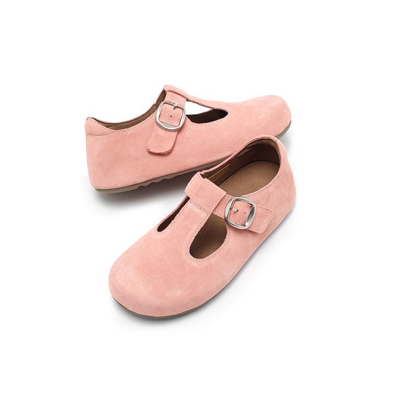 Handgefertigte Mary-Jane-Ballerinas aus Rindsveloursleder mit T-Riemen in Rosa/Gelb/Aprikose