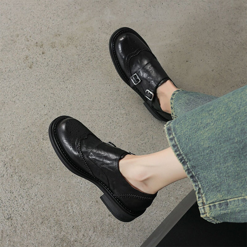Handgefertigte Brogue-Loafer aus Leder mit doppeltem Riemen f&uuml;r Damen in Braun/Schwarz
