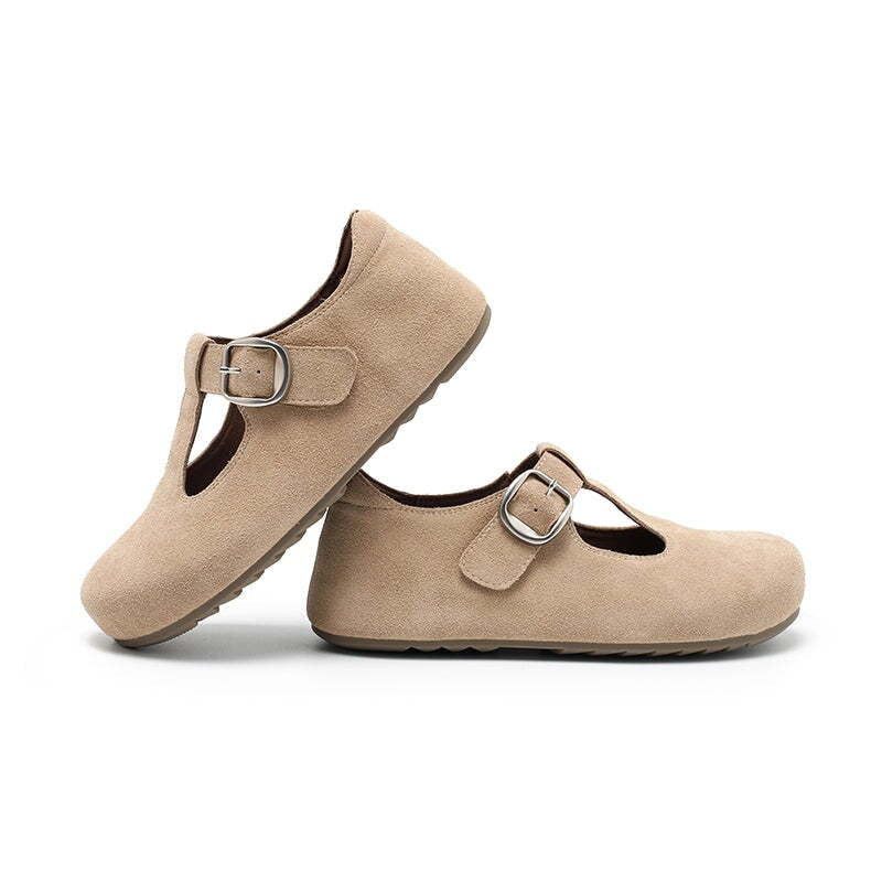 Handgefertigte Mary-Jane-Ballerinas aus Rindsveloursleder mit T-Riemen in Rosa/Gelb/Aprikose