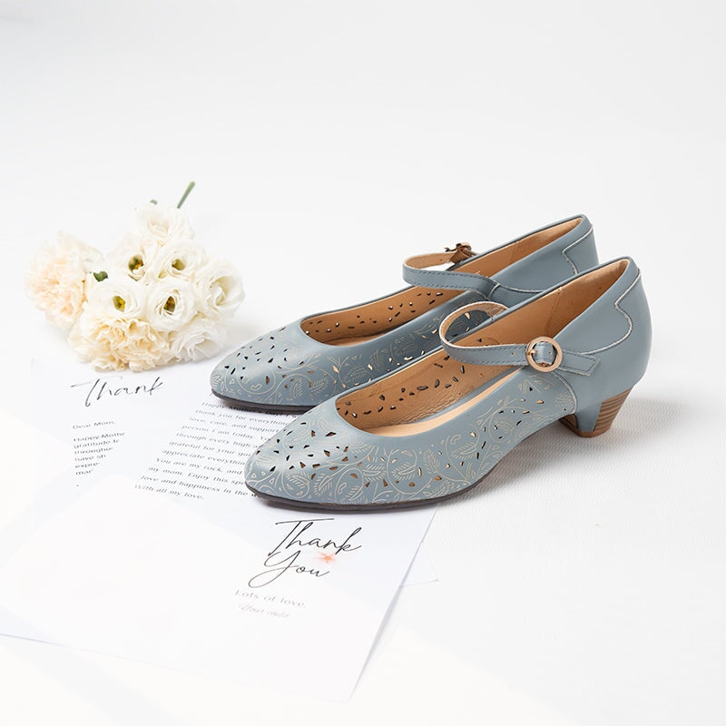 Zapatos Mary Jane de piel suave recortados a mano para mujer, tac&oacute;n c&oacute;nico en azul y blanco