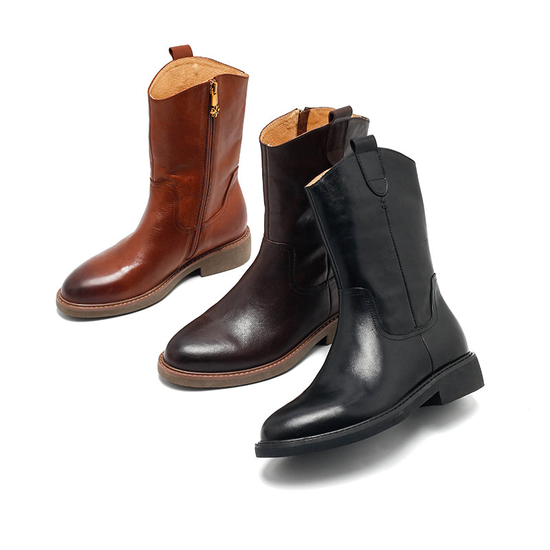 Retro westernlaarzen voor dames, tot halverwege de kuit, van gewaxt leer, casual laarzen in zwart/bruin/donkerbruin.