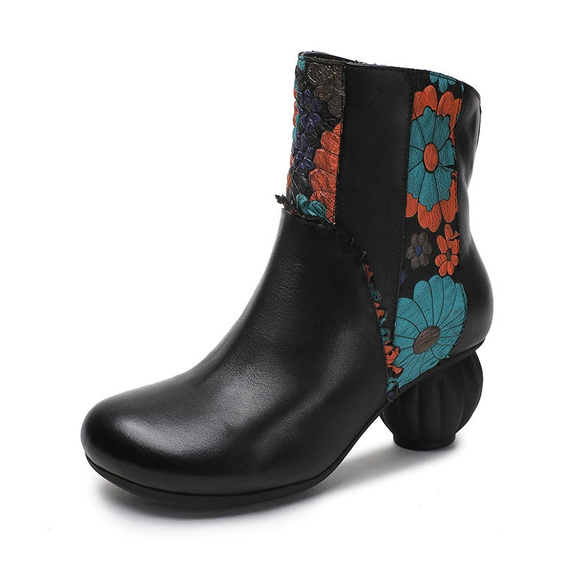 Vintage Cow Leather Ankle Boots for Women Floral Side Zip 50mm Heel Boots in Black/Coffee
