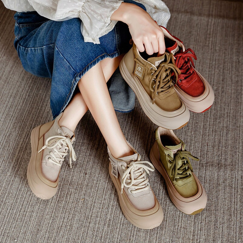 Trendige Damen-Sneaker aus Leder mit hohem Schaft, Plateau, Schn&uuml;rung, Freizeitschuhe in Beige/Khaki/Gr&uuml;n/Rot