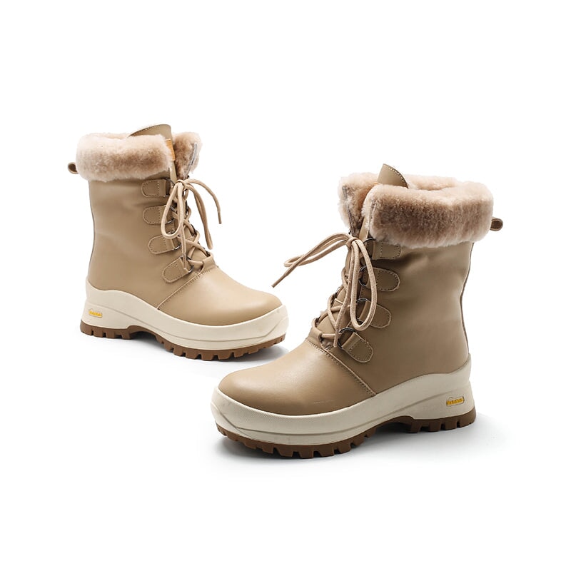 Dames leren chunky laarzen met schapenvachtvoering in abrikoos/beige