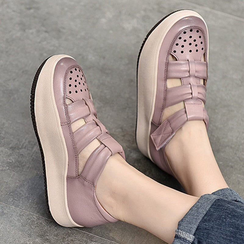 Leder-Plateau-Sneaker mit Klettverschluss und Perforation f&uuml;r Damen in Beige/Lila/Rot