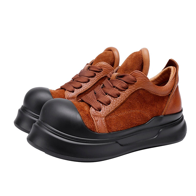 55 mm sk&oacute;rzane trampki damskie na platformie typu dad, niskie, sznurowane, w kolorze brązowo-czarnym