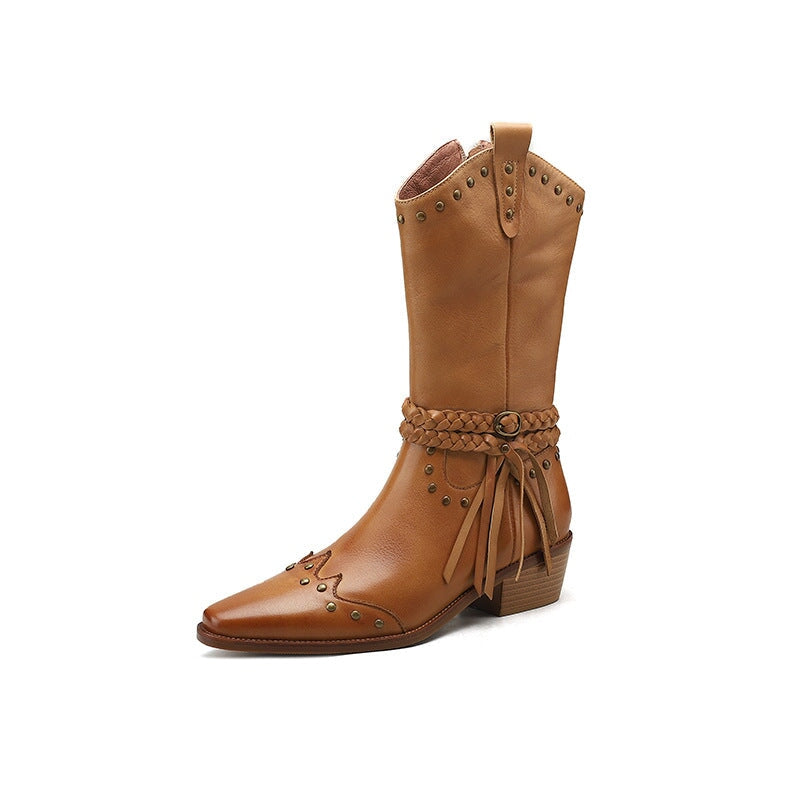 Vintage leren westernlaarzen voor dames met klinknagels en kwastjes in zwart/abrikoos/bruin.