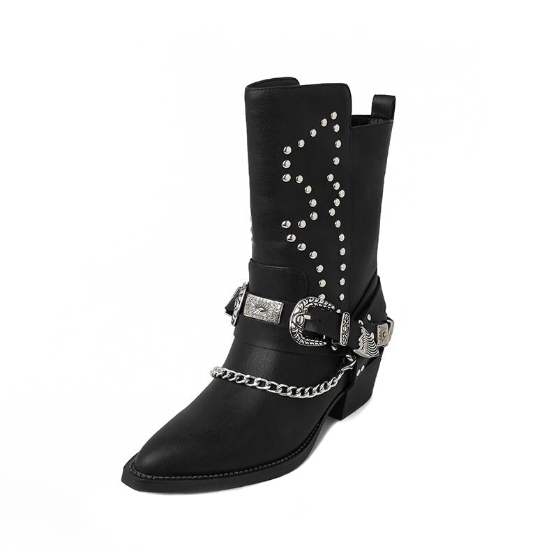 Bottes western courtes en cuir noir/marron, orn&eacute;es de rivets et ceintur&eacute;es.