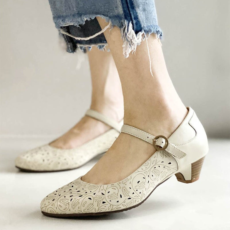 Zapatos Mary Jane de piel suave recortados a mano para mujer, tac&oacute;n c&oacute;nico en azul y blanco