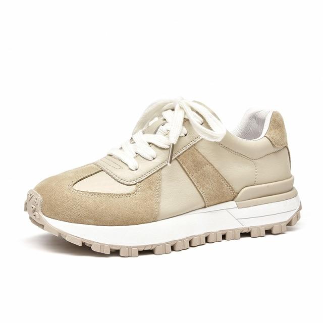 Casual sneakers voor dames van su&egrave;de leer met patchwork in gemengde kleuren, vetersluiting, ronde neus, platformzool, handgemaakte platte schoenen