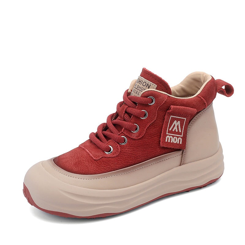 Trendige Damen-Sneaker aus Leder mit hohem Schaft, Plateau, Schn&uuml;rung, Freizeitschuhe in Beige/Khaki/Gr&uuml;n/Rot