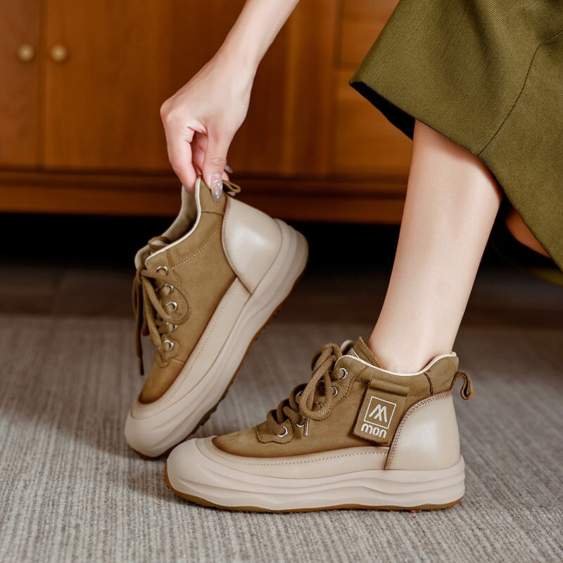 Trendige Damen-Sneaker aus Leder mit hohem Schaft, Plateau, Schn&uuml;rung, Freizeitschuhe in Beige/Khaki/Gr&uuml;n/Rot